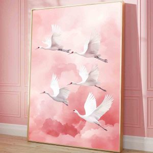 Japanese Crane Wall Art Pink Crane Painting Flying Cranes Poster White Bird Poster Flying Birds Picture Pink Aesthetic Posters Preppy Animal Painting Minimalist Living Room Decor 16x24inch No Frame
