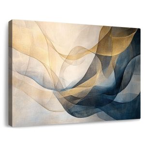 gaosoul Blue Gold Abstract Canvas Wall Art Original Oil Painting Giclee Print of Dynamic Curves Light Blue Champagne Tones with Textured Brushstrokes for Home Office Decor Framed 24x16in